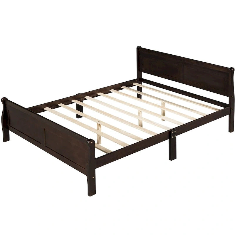Lit plateforme double en bois avec tête de lit et support à lattes, design minimaliste pour chambre à coucher