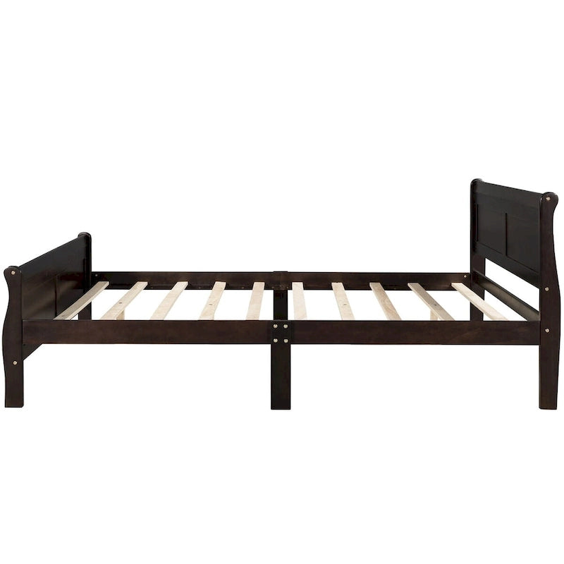 Lit plateforme double en bois avec tête de lit et support à lattes, design minimaliste pour chambre à coucher
