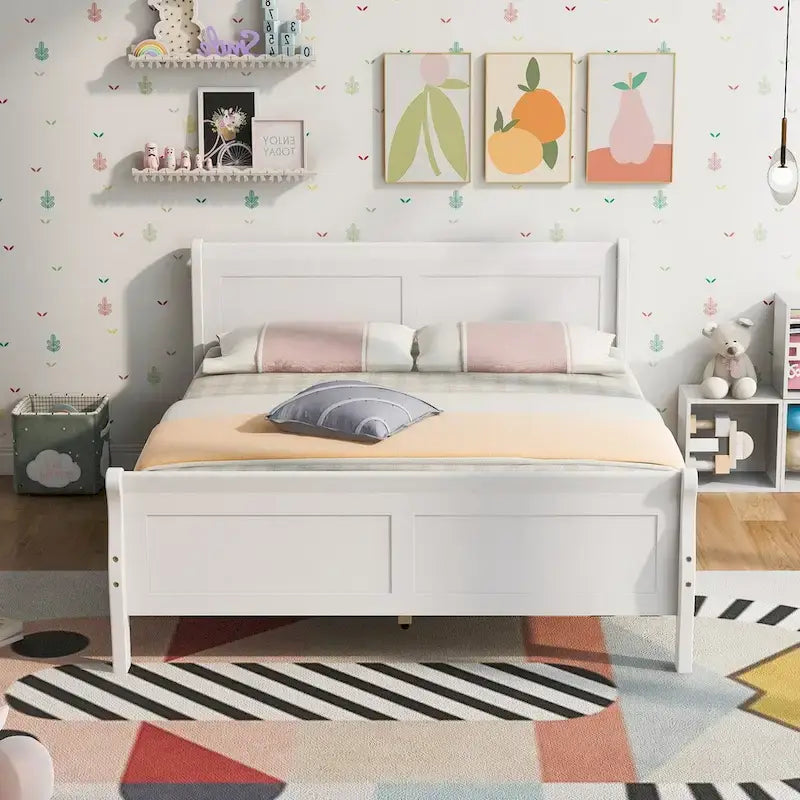 Lit plateforme double en bois avec tête de lit et support à lattes, design minimaliste pour chambre à coucher