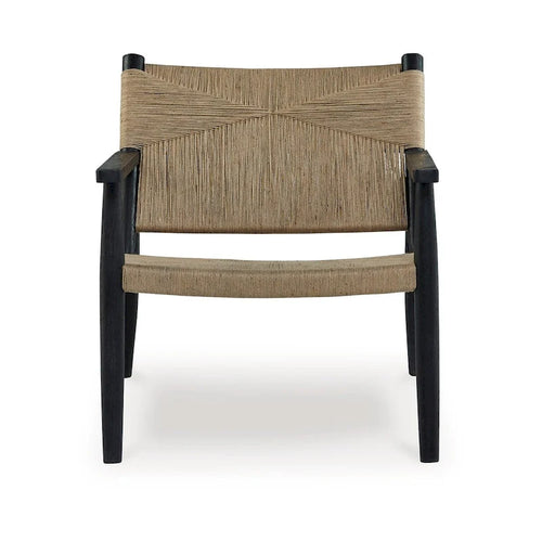 Fauteuil d'appoint, jute marron naturel, assise incurvée, structure en bois noir moderne