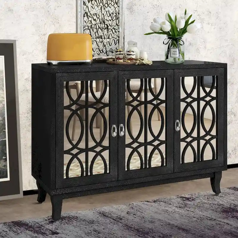 Modern Elegant Wooden Sideboard with Three Mirrored Cabinets Doors
