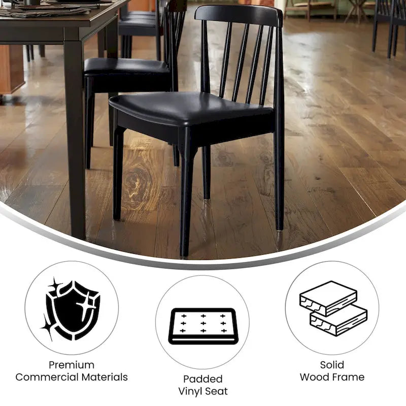 Chaise de salle à manger commerciale en bois massif avec assise rembourrée en vinyle