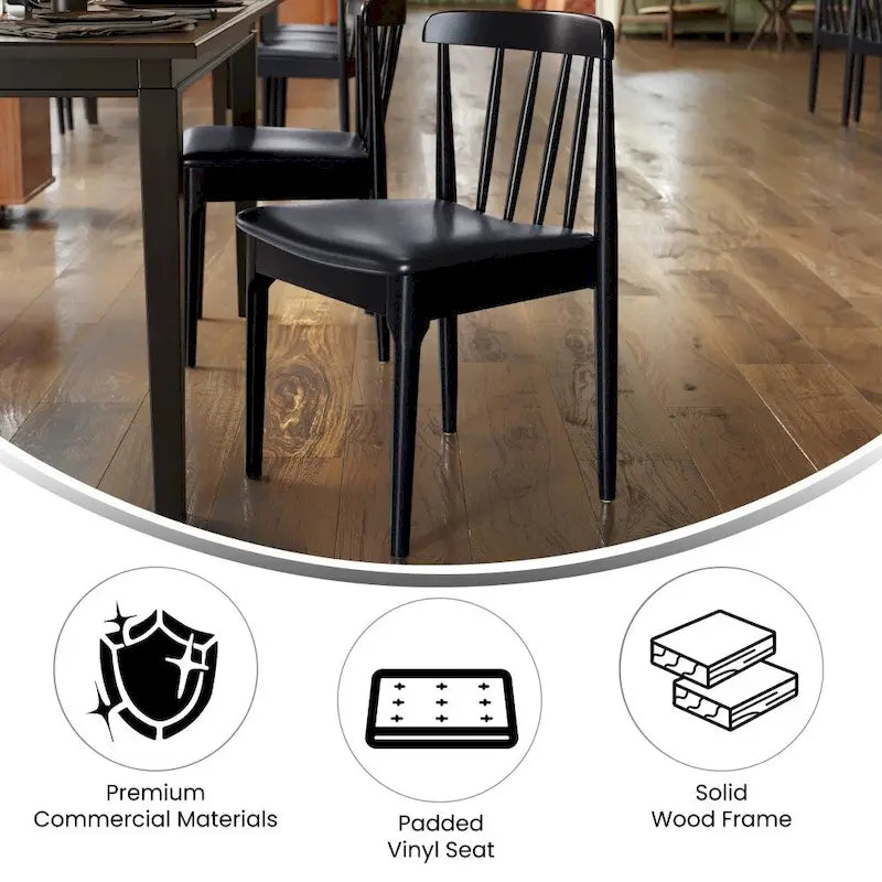 Chaise de salle à manger commerciale en bois massif avec assise rembourrée en vinyle